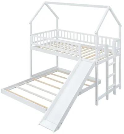 Twin Over Full House Bunk Bed With Slide And Built-In Ladder, Full-Length Guardrail, White