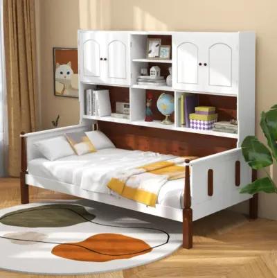 Hivvago Twin Bed with Bookcase with Shelves and  Wooden Slat Support No Box Spring Needed for Living Room Bedroom