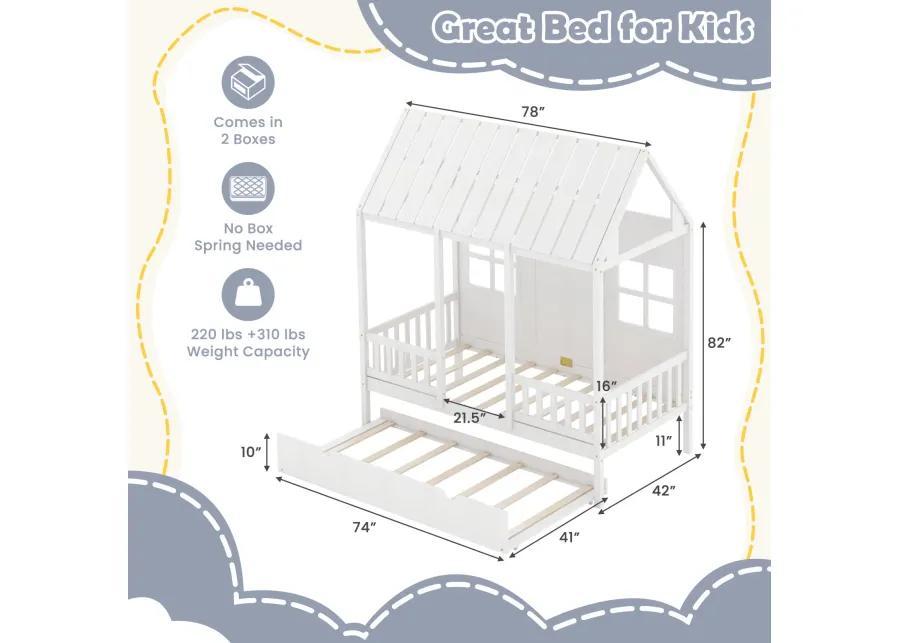 Twin Size Bed Frame House Bed with Trundle and 82 Inch Tall Roof