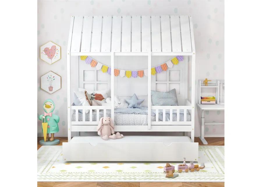 Twin Size Bed Frame House Bed with Trundle and 82 Inch Tall Roof