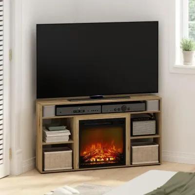 Jensen Corner TV Stand with Fireplace for TV up to 55 Inches, Flagstaff Oak