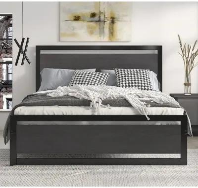 QuikFurn Full Black Metal Platform Bed Frame with Wood Panel Headboard and Footboard