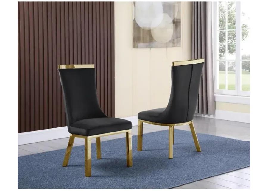 Upholstered dining chairs set of 2 in Black velvet fabric with gold colored stainless steel base