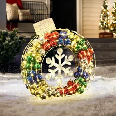 LuxenHome 3Ft Tall Ornament and Snowflake Wreath Outdoor Holiday Decoration with Lights