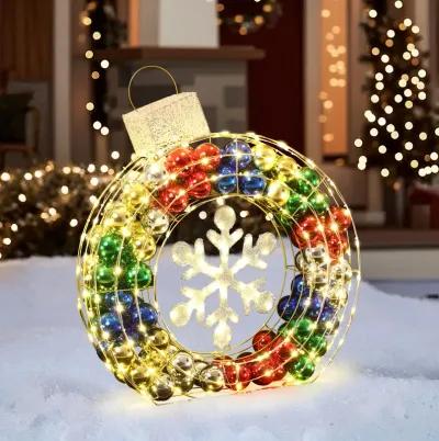 LuxenHome 3Ft Tall Ornament and Snowflake Wreath Outdoor Holiday Decoration with Lights