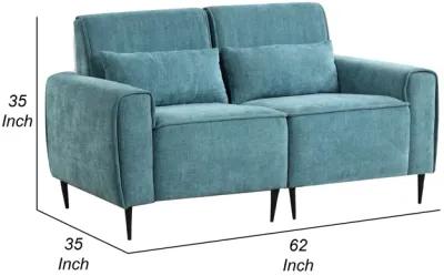 Tiu 62 Inch Loveseat with 2 Lumbar Pillows, Blue Chenille, Solid Wood - Benzara