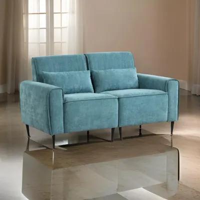 Tiu 62 Inch Loveseat with 2 Lumbar Pillows, Blue Chenille, Solid Wood - Benzara