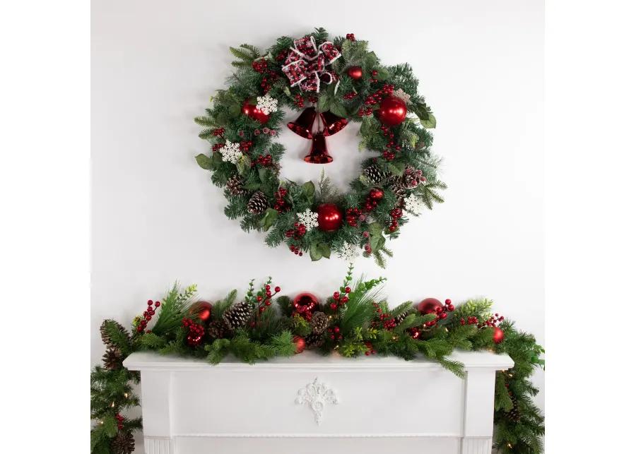 Red Bells and Mixed Foliage Artificial Christmas Wreath  30-Inch  Unlit