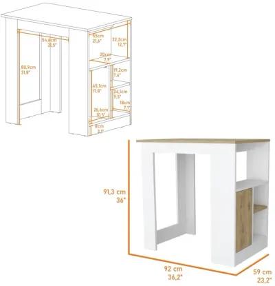 Aurora Kitchen Island With Open Compartment And Cabinet In White And Macadamia