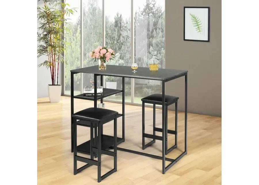 3 pcs Dining Set with Faux Marble Top Table and 2 Stools-Black