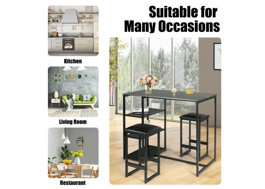 3 pcs Dining Set with Faux Marble Top Table and 2 Stools-Black