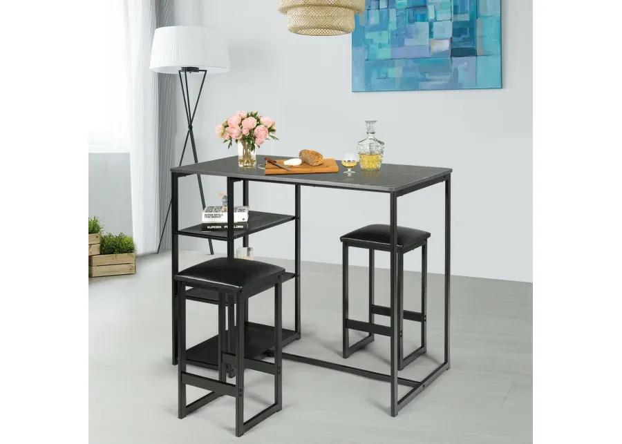 3 pcs Dining Set with Faux Marble Top Table and 2 Stools-Black