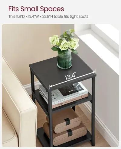 Tall Slim Side Table with Storage Shelves and Steel Frame for Living Room or Bedroom`