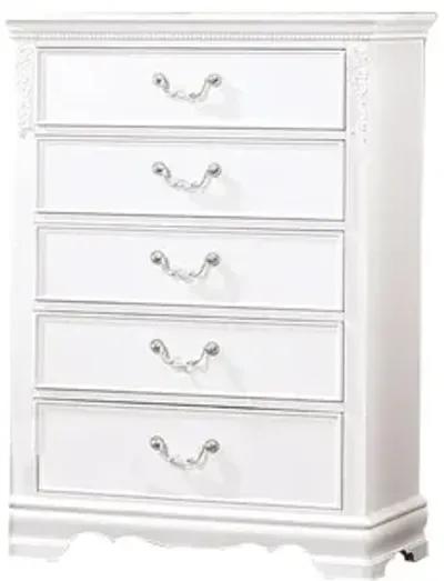 Benjara Aleci 48 Inch Tall Dresser Chest, 5 Drawers, Wood Carved, White and Nickel