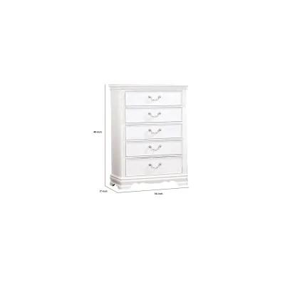 Benjara Aleci 48 Inch Tall Dresser Chest, 5 Drawers, Wood Carved, White and Nickel