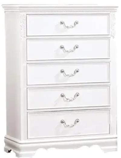 Benjara Aleci 48 Inch Tall Dresser Chest, 5 Drawers, Wood Carved, White and Nickel