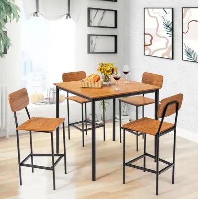 5-Piece Industrial Dining Table Set with Counter Height Table and 4 Bar Stools-Walnut