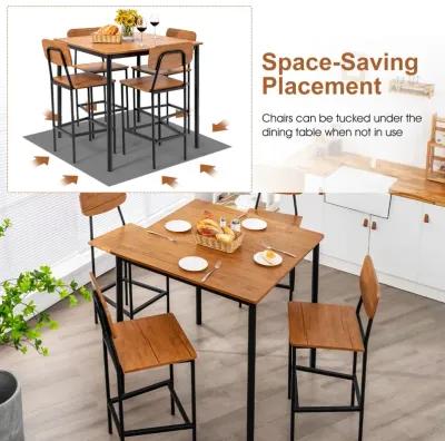 5-Piece Industrial Dining Table Set with Counter Height Table and 4 Bar Stools-Walnut