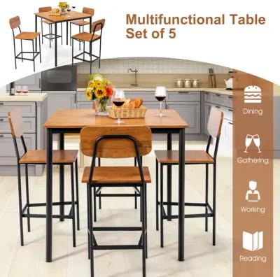 5-Piece Industrial Dining Table Set with Counter Height Table and 4 Bar Stools-Walnut