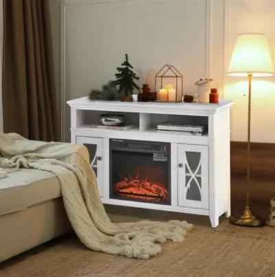 Hivvago Rustic White Electric Fireplace Mantel TV Stand w/ Adjustable Shelves 2 Storage Cabinets