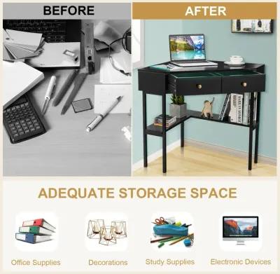 Space Saving Corner Computer Desk with 2 Large Drawers and Storage Shelf