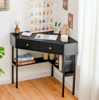 Space Saving Corner Computer Desk with 2 Large Drawers and Storage Shelf