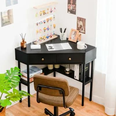 Space Saving Corner Computer Desk with 2 Large Drawers and Storage Shelf