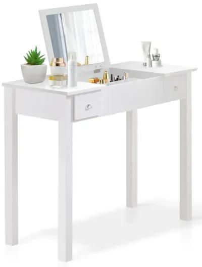 Accent White Vanity Table with Flip-Top Mirror and 2 Drawers, Jewelry Storage for Women Dressing