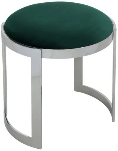 Niyo 19 Inch Accent Stool Ottoman, Round Seat, Soft Green Velvet, Silver - Benzara