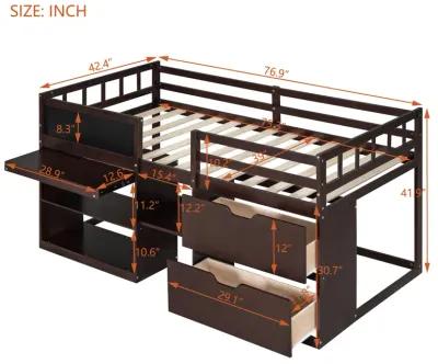 Merax Low Loft Bed with Rolling Desk and Drawers