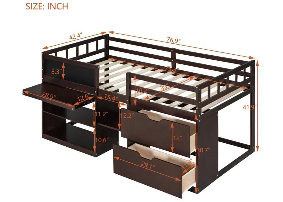 Merax Low Loft Bed with Rolling Desk and Drawers