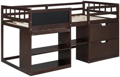 Merax Low Loft Bed with Rolling Desk and Drawers