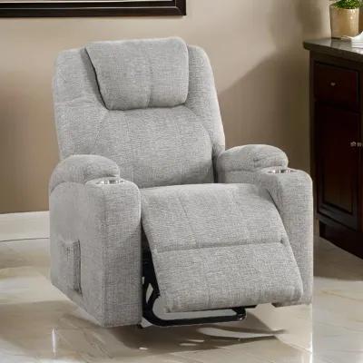 Evans 37 Inch Recliner Chair, Power Lift, Cupholders, Chenille, Light Gray - Benzara