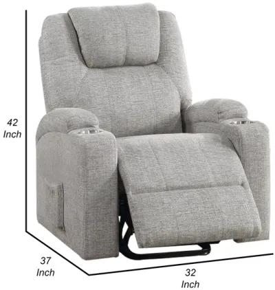 Evans 37 Inch Recliner Chair, Power Lift, Cupholders, Chenille, Light Gray - Benzara