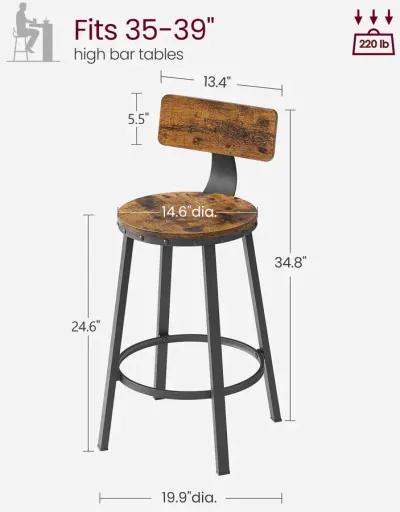 Set of 2 Tall Kitchen Stools with Backrest and Heavy-Duty Steel Frame