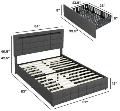 Upholstered Queen LED Bed Frame with Headboard and 4 Drawers