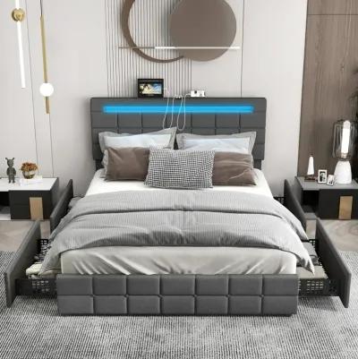 Upholstered Queen LED Bed Frame with Headboard and 4 Drawers