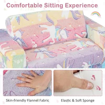 2-in-1 Flip Out Kids Sofa Chair with Detachable Flannel Fabric Cover and Glowing Patterns