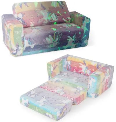 2-in-1 Flip Out Kids Sofa Chair with Detachable Flannel Fabric Cover and Glowing Patterns