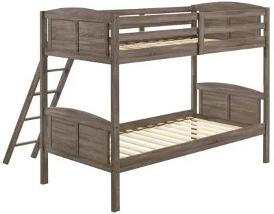 Twin Over Twin Bunk Beds, Curved Headboards, Ladder, Straight Legs, Brown-Benzara