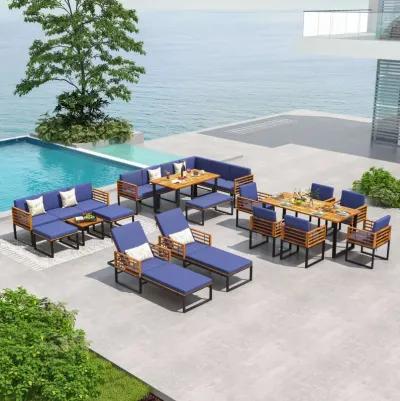 Adjustable Cushioned Patio Chaise Lounge Chair with 4-Level Backrest-Navy