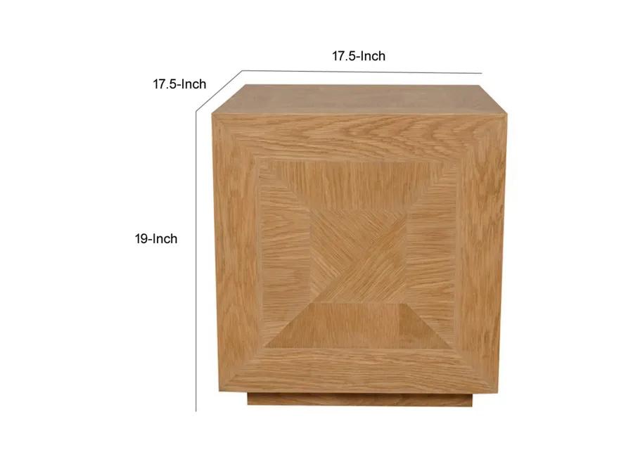 19 Inch Side End Table, Square Geometric Design, Brown Oak Wood Veneer - Benzara