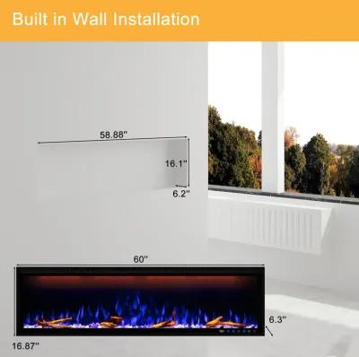 MONDAWE 60" Wall Mounted Embedded Electric Fireplace, 60Hz, 110-120 Volt, 1500W, With Overheat Protection Device