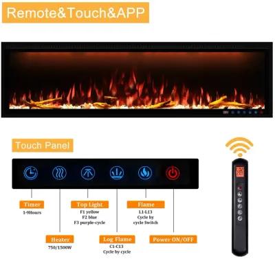 MONDAWE 60" Wall Mounted Embedded Electric Fireplace, 60Hz, 110-120 Volt, 1500W, With Overheat Protection Device