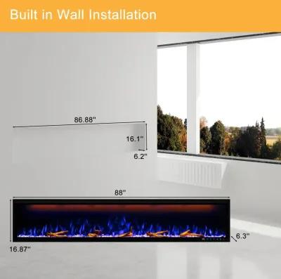 MONDAWE 88" Wall Mounted Embedded Electric Fireplace, 60Hz, 110-120 Volt, 1500W, With Overheat Protection Device