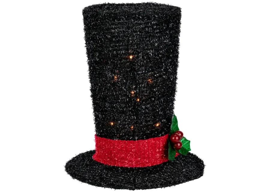 9.25" Lighted Black Tinsel Top Hat Christmas Tree Topper  Clear Lights