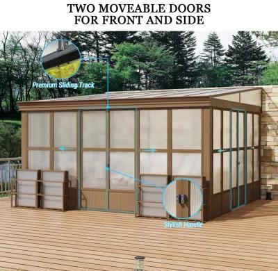 MONDAWE Lean to Sunroom 12x14FT Wall Mounted Solarium with Sloping Roof, Detachable Screens, 2 Lockable Sliding Doors