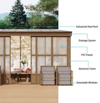 MONDAWE Lean to Sunroom 12x14FT Wall Mounted Solarium with Sloping Roof, Detachable Screens, 2 Lockable Sliding Doors