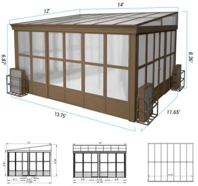 MONDAWE Lean to Sunroom 12x14FT Wall Mounted Solarium with Sloping Roof, Detachable Screens, 2 Lockable Sliding Doors