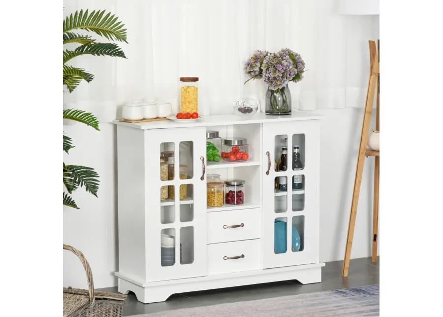 HOMCOM Sideboard Buffet Cabinet, Kitchen Cabinet, Coffee Bar Cabinet with 2 Framed Glass Doors, 2 Drawers and 2 Open Shelves for Living Room, White